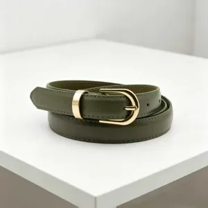Detailed view of the olive green PU leather belt featuring a sleek gold tone U buckle.