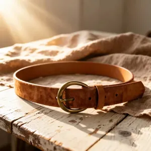 Vintage suede belt detail shot with a caramel strap and round antique brass buckle.