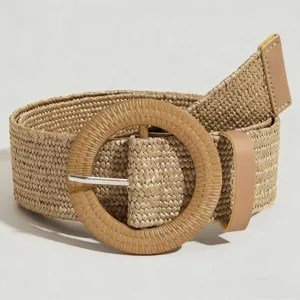 Woven straw belt for women with round buckle fashion waist accessory dress jeans casual.