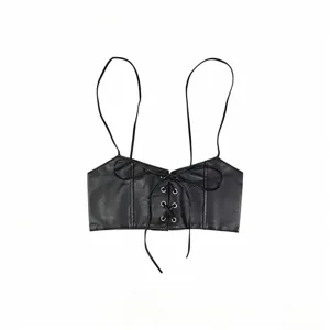 Detail showing the lace-up design of a black faux-leather strap corset belt vest