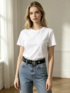 Punk style double grommet leather belt accessory worn by model, edgy fashion design.