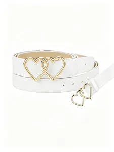 White PU leather belt featuring interlocking gold heart buckles for women, stylish and versatile.