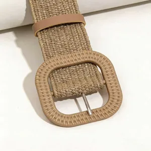 Woven straw belt for women with large square buckle stylish casual dress waist accessory.