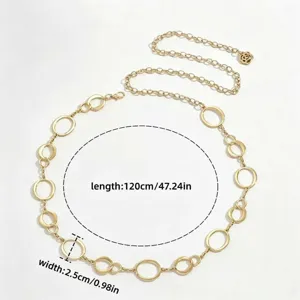 Gold metal chain belt detail showing interlocking circular rings and delicate rose charm.