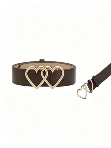 Stylish brown PU leather belt for women featuring double heart gold metal buckle accessory.