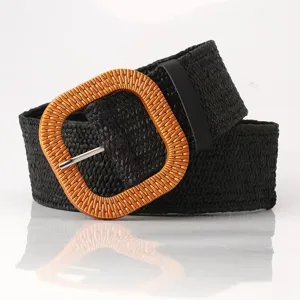 Women fashion black woven straw belt with large square wooden buckle casual dress jeans accessory