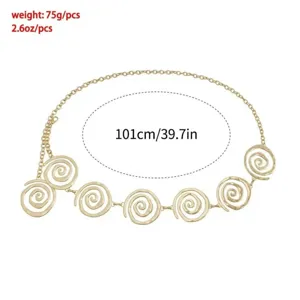 Gold spiral metal waist chain detail view showing unique circular links and total length.