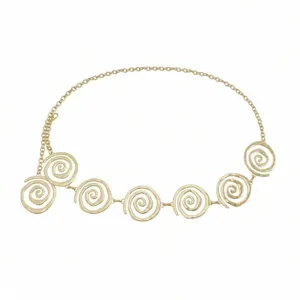 Gold metal waist chain with unique spiral circle design. Fashionable and chic body jewelry.