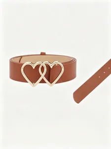 Close-up of brown PU leather belt with interlocking gold double heart buckles for women.