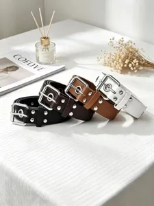 Punk style double row studded belt women adjustable fashion casual leather belt black white