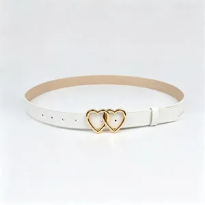 Women white PU leather belt with interlocking gold heart buckle stylish dress accessory