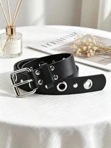 Punk style double row grommet black leather belt women adjustable metal eyelet waist accessory