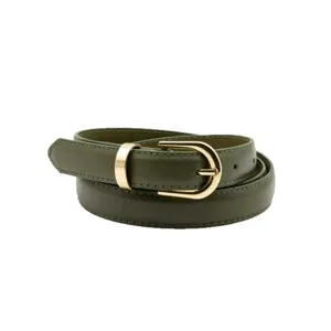 Stylish olive green women's PU leather belt with gold metal buckle, perfect for jeans and dresses.