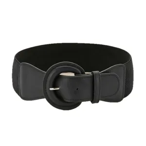 Stylish wide black elastic cinch belt with a round buckle for women's dresses and coats.