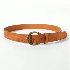 Vintage caramel suede leather belt with antique brass pin buckle for women jeans