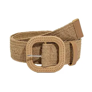 Women Woven Straw Belt Square Buckle Elastic Waistband Dress Jeans Summer Accessories