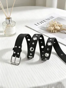 Punk double grommet leather belt women fashion metal buckle casual waist accessory