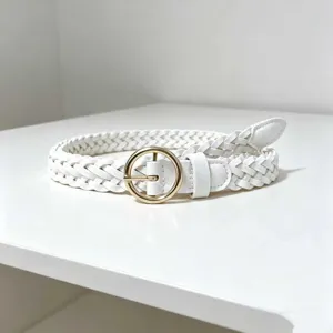 White braided belt for women with stylish round gold buckle casual dress jeans accessory