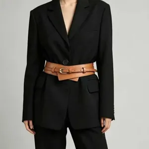 Details of French retro wide leather belt, double wrap design and metal buckle styling view.