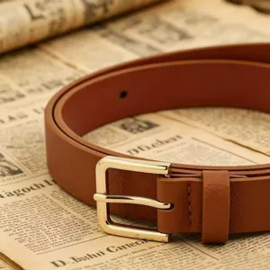 Détail d'une ceinture en PU marron à motif litchi avec boucle carrée dorée classique