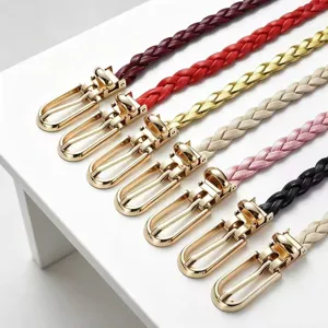 Woven thin belt for women, versatile dress metal buckle leather boho braided belt