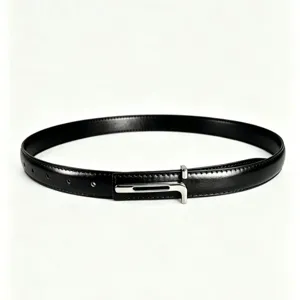 Minimalist black leather belt detail, sleek silver metal smooth buckle, elegant accessory.