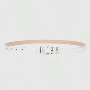 Close-up view of a minimalist white women's thin leather belt featuring a sleek silver buckle.