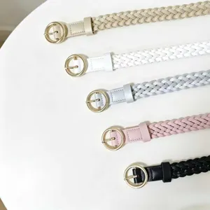 Woven leather belt for women with round metal buckle stylish braided waist strap multi-color