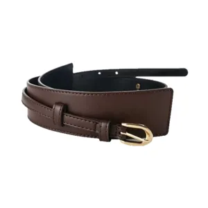 French retro wide women belt with double loop design, elegant gold buckle for coat suit.