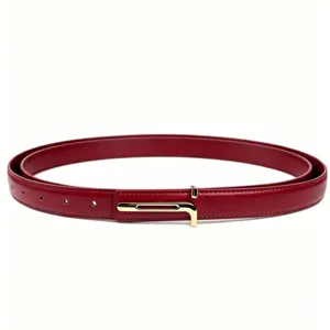 Minimalist red leather thin belt with gold smooth metal buckle for women dress and suit.