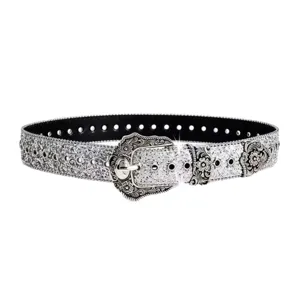 Silver glitter western belt with vintage engraved metal buckle and Y2K hot girl style.