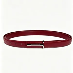 Women burgundy thin leather belt detail, minimalist metal buckle suit dress decorative strap