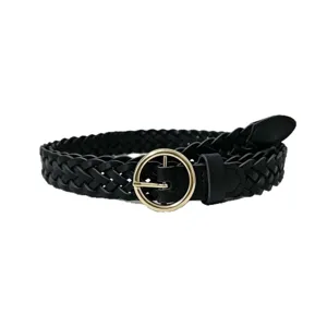 Women black braided belt with gold round buckle, stylish casual waist accessory for jeans dress.