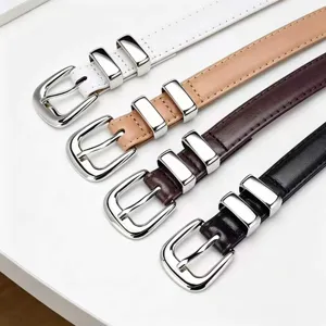 Women's slim leather belt set with silver metal buckle, minimalist versatile multi-color design.