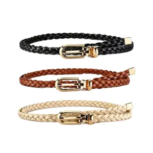 Women braided thin belt set with metal buckle, versatile casual dress leather belt in 3 colors.