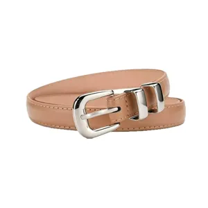 Classic women's slim leather belt featuring a shiny silver metal buckle for daily wear.