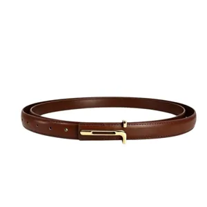 Minimalist women's slim brown leather belt with elegant gold-tone metal buckle for dresses.