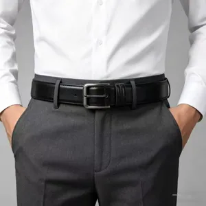 Men's leather belt with metal pin buckle, professional business casual dress belt in classic black color.