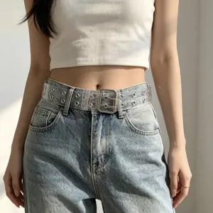 Transparent Clear Belt With Double Prong Buckle And Metal Grommets Unisex Casual Fashion Waist Belt For Jeans