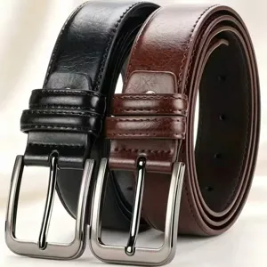Detailed view of men's leather belt, classic pin buckle design, black and brown options.