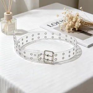 Transparent double grommet belt with metal double prong buckle clear PVC fashion waist belt