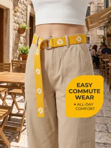 Yellow daisy embroidered canvas belt for women with double D-buckle, perfect casual accessory.