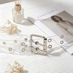 Transparent double grommet belt, clear PVC pin buckle waist belt for jeans fashion.