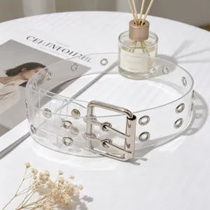 Transparent PVC waist belt with double metal grommets and double pin buckle for casual style detail view.