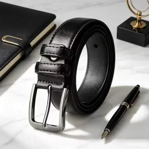 Men black leather belt with silver pin buckle business casual style for men daily wear