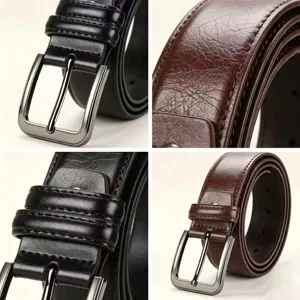 Close-up details of men's leather business belt featuring metal pin buckle and neat stitching.