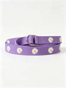 Purple canvas belt with white daisy embroidery and double D-ring metal buckle for women.