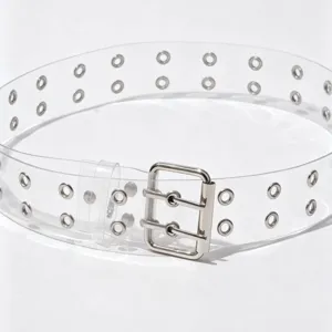 Clear transparent PVC belt with double row metal grommets and double pin buckle detail.