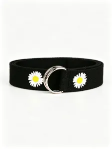 Black canvas belt featuring cute white daisy embroidery and a stylish silver double D-ring buckle.
