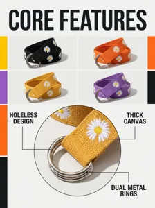 Canvas belt with daisy embroidery and dual metal rings. Casual holeless design for women.